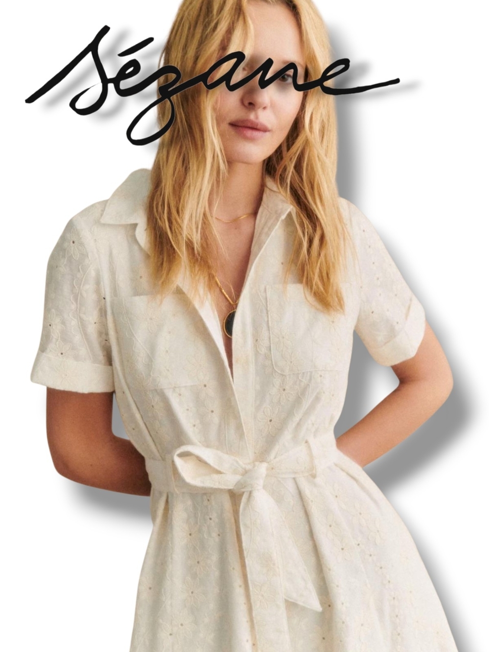 Sézane Adele Dress Embroidered Eyelet Organic Cotton Shirt Midi Dress FR46 US 14 - Picture 3 of 14